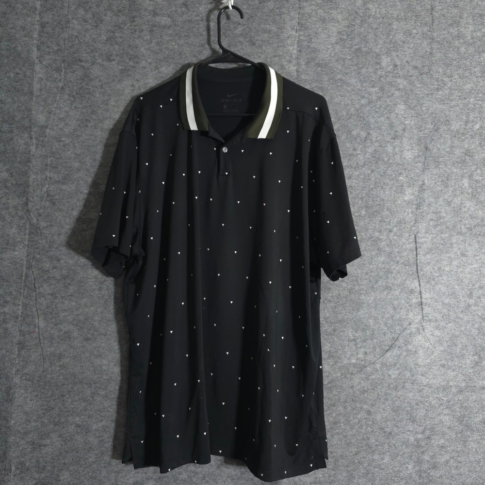 Nike Dri-FIT XL Black Polo Golf Shirt Mens Geometric Triangle Print White Trim